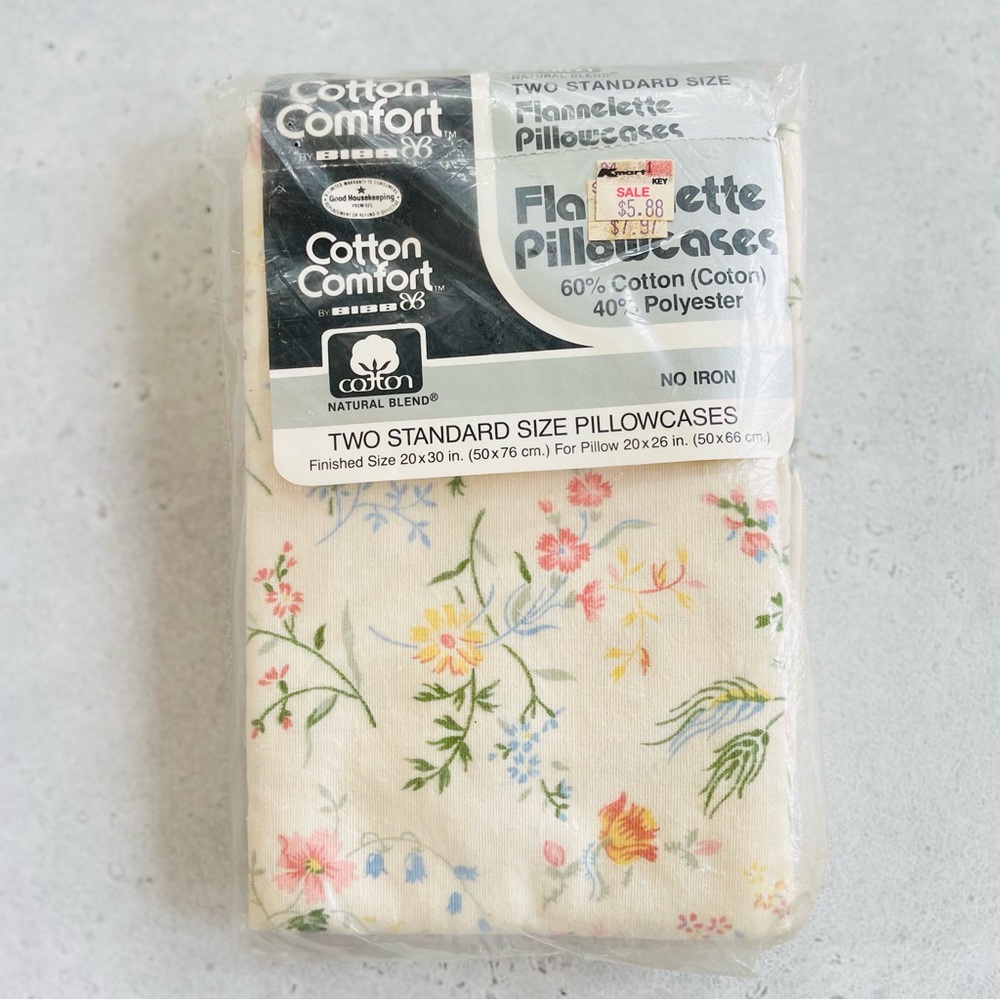 NOS Vintage Cotton Comfort By BIBB Flannelette Pillowcases Two Standard Floral